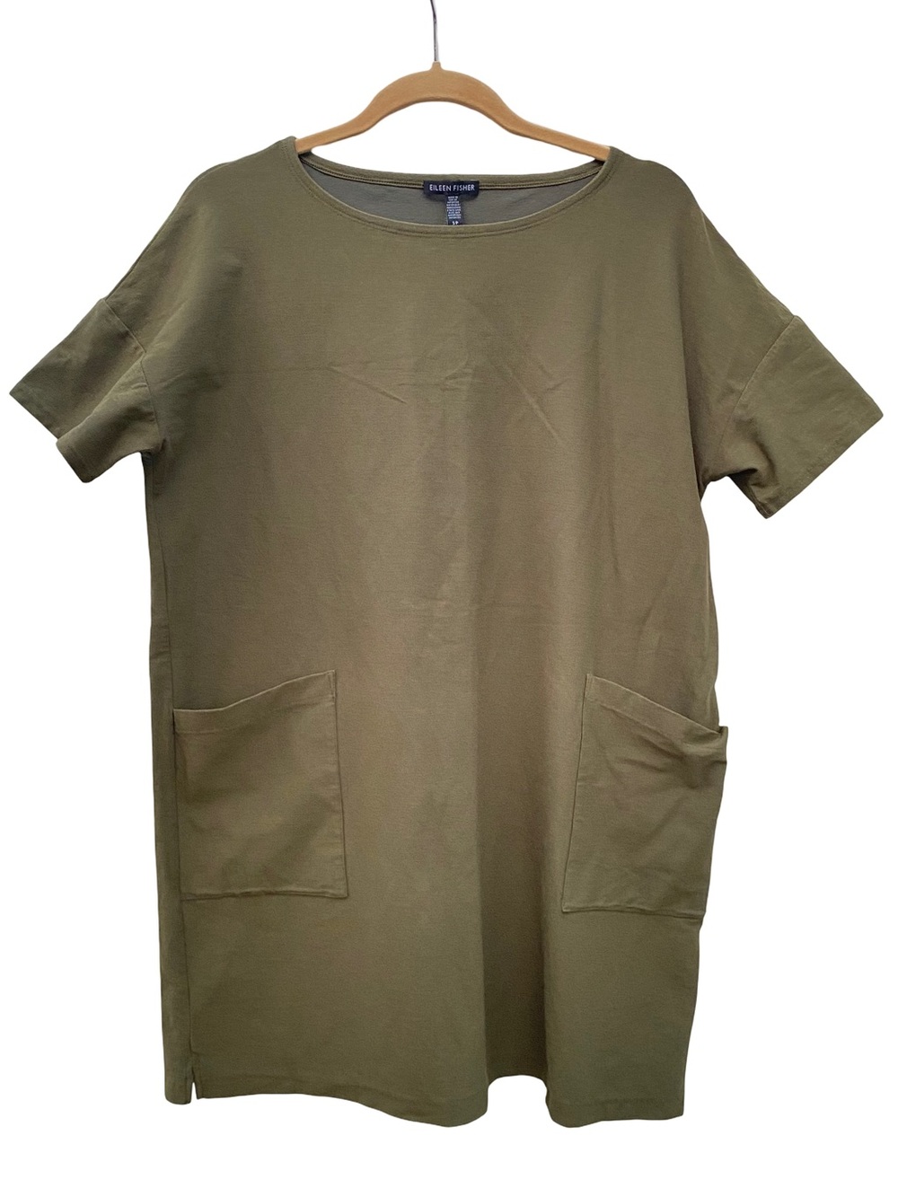 Eileen Fisher olive green stretch viscose knit short sleeve shift dress small